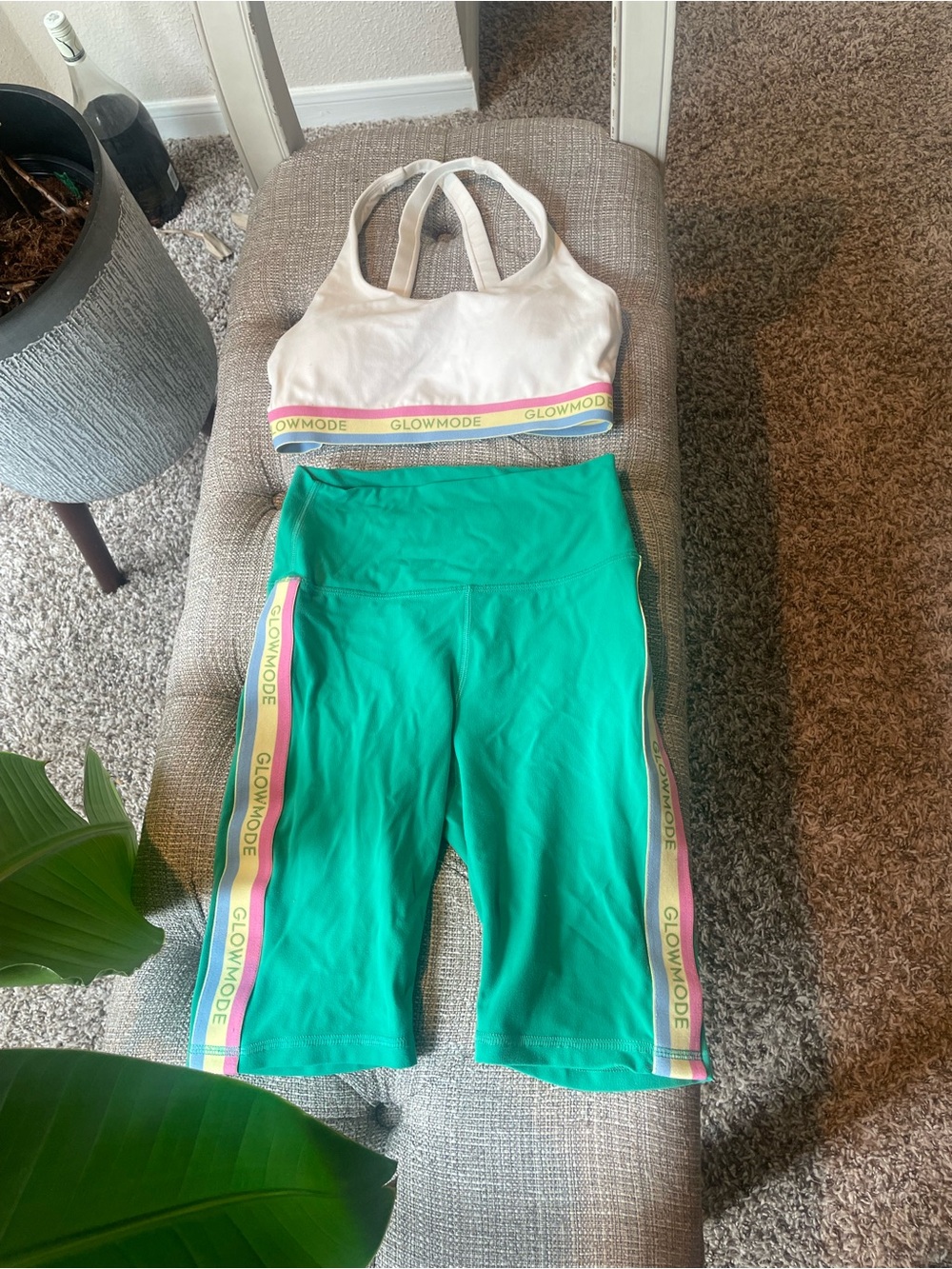 GlowMode Green High-Rise Bike Shorts with Side Logo Tape and Matching Bra